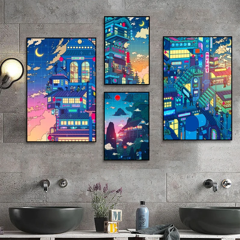 

Anime Wall Art Cartoon View Street Prints DIY Sticky Poster Decoracion Wall Art White Kraft Paper Decor Art Wall Stickers