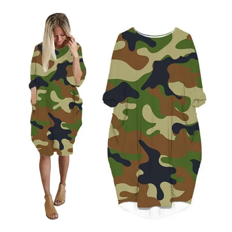 

Женское камуфляжное платье средней длины, с длинным рукавом