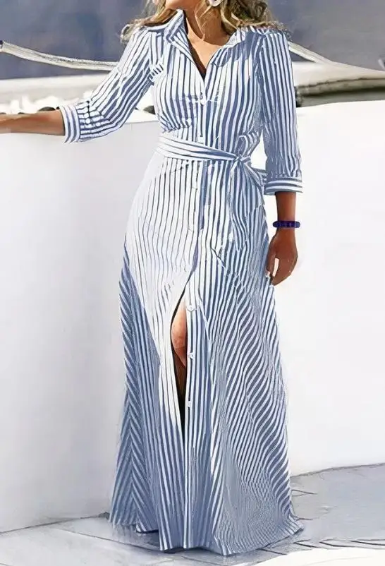 

Spot Women's 2023 New Hot Selling Casual Fashion Spring/summer Stripe Rib Lace Up Details Shirt Dress