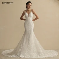 bepeithy real image mermaid lace wedding dresses for women court train sleeveless v neck open back sexy vintage bridal gown