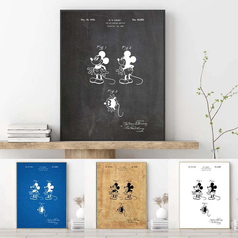 

Disney Микки Маус художественная Живопись Холст принты винтажный патент постер Микки фанаты подарки для детской комнаты Настенные картины ук...