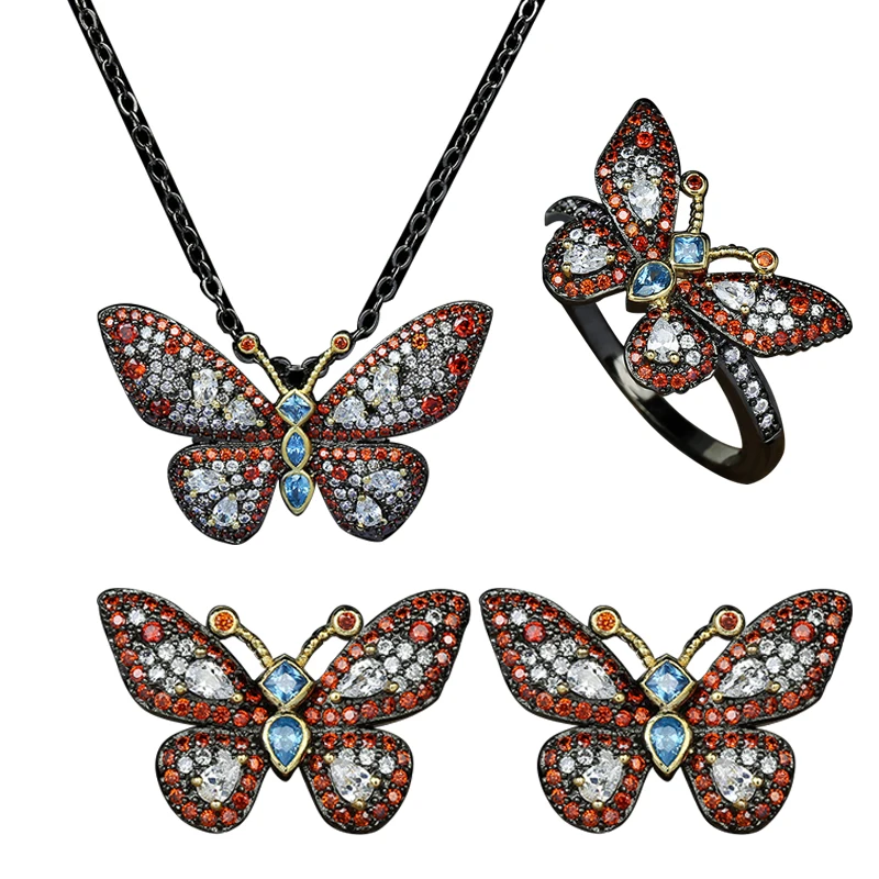 

Ajojewel Gothic Micro Pave CZ Butterfly Necklace Earrings Ring Luxury Vintage Jewelry For Women Mother's Day Gift Set
