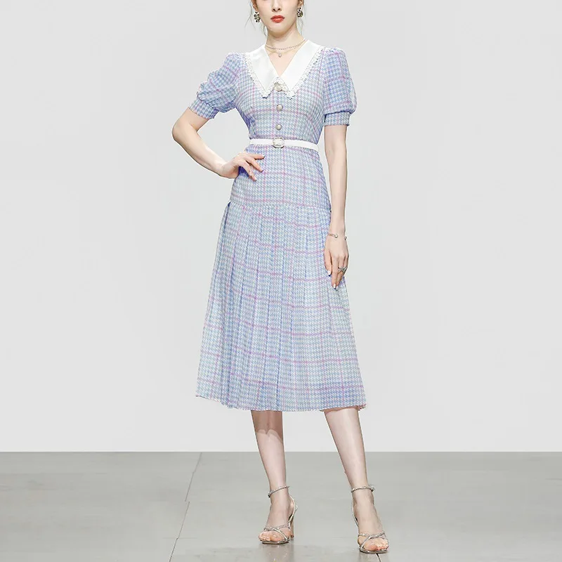 

Женское винтажное платье в клетку, голубое и розовое элегантное шифоновое плиссированное платье средней длины с пышными рукавами в Корейском стиле, лето 2022