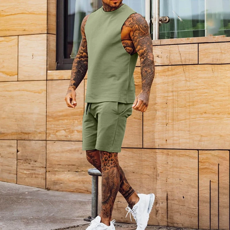 

2022 Men Tracksuit Sets Summer Solid Color Sleeveless T Shirt Set Casual Sportswear Gym Fitness Running Clothes 2 Pieces Homme