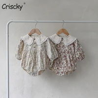 criscky summer new baby girl%e2%80%99s casual long sleeve peter pan collar romper cotton floral print fashion jumpsuits infant clothes