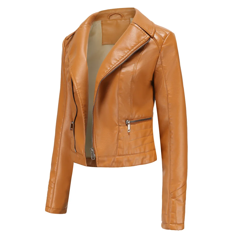 2023 New Ladies Washed PU Leather Jacket Women's Fashion Solid Color Lapel Short Slim Autumn Winter Jacket Casual Women