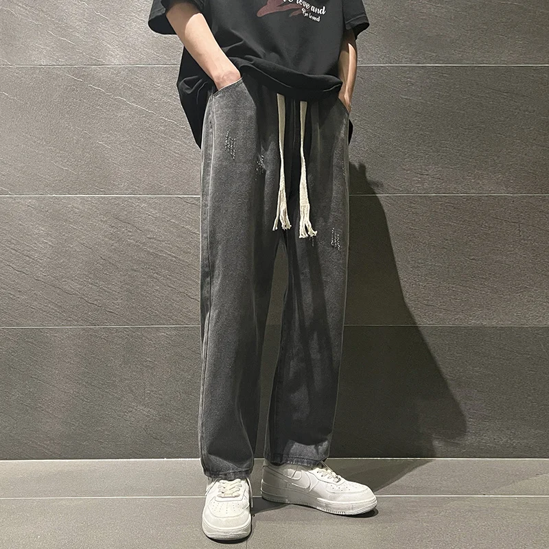 Summer Drawstring Jeans Men Fashion Retro Harajuku Straight Jeans Men Streetwear Hip-hop Loose Denim Pants Mens Trousers S-3XL