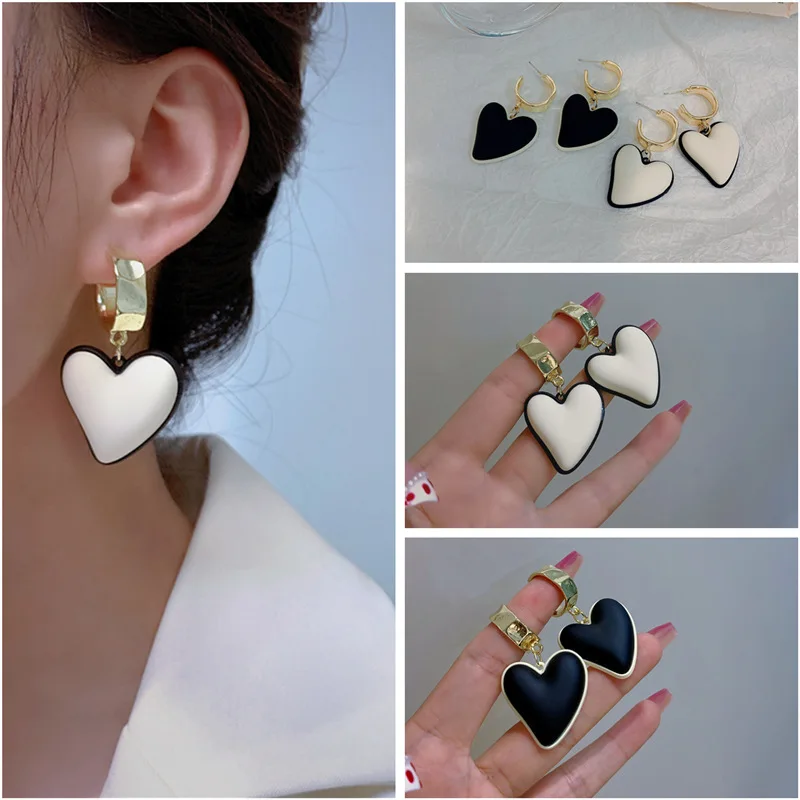 

Kiss Jewelry Women Temperament White Black Heart Shape Pendant Drop Earrings Korean Fashion 2023 Trendy Piercing Earring Brincos