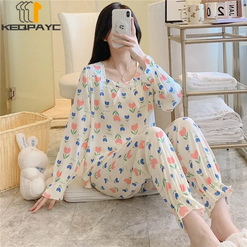 Women's Pajamas New Spring Autumn Long Sleeve Thin Loose Home Wear Sleepwear Women Floral Print Casual Nightwear Clothing Sets