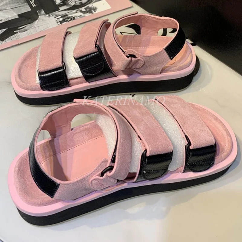 

Summer Hot Women Beach Sandals magic tape pink blue Leather Thick Sole Holiday Sandals Comfort Height increase Casual sandals