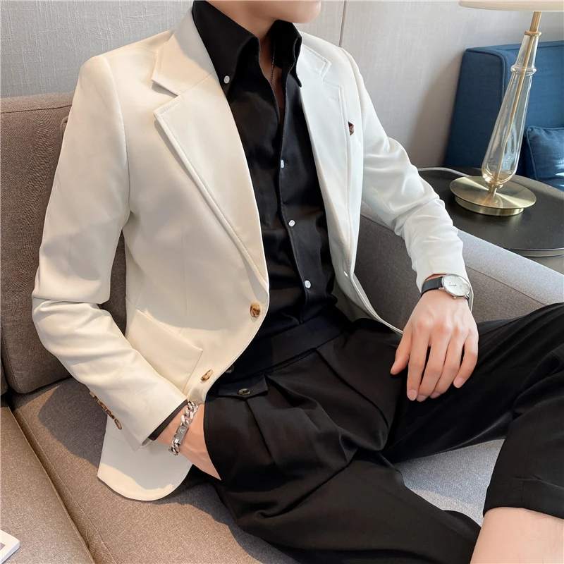 Classic Solid Color Blazers for Men Fashion Casual Slim Suit Jacket Business Prom Tuxedo Dress Coat Social Wedding Costume Homme