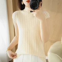 2022 spring summer new womens wool knitted sweater short sleeved top pullover with half high yound neck bottoming t shirt thin