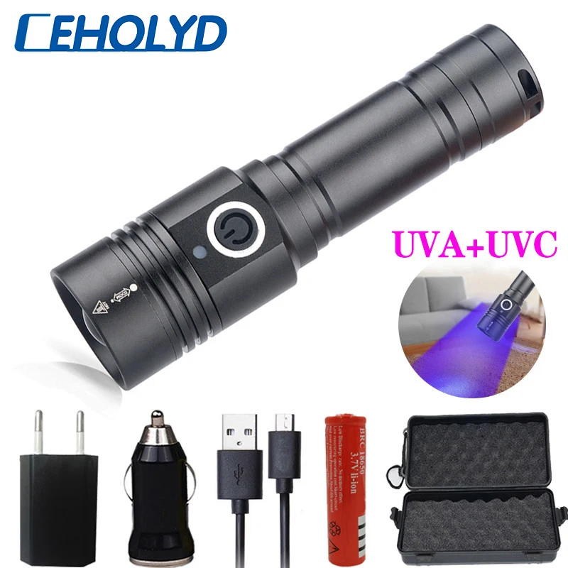 

Portable UVA UVC LED Flashlight Zoom Lantern 18650 Rechargeable Battery Waterproof Sterilization Lamp Mask Disinfection Bulbs