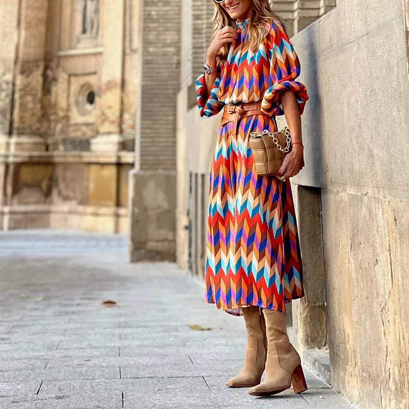 

Spring summer High Neck 3/4 Sleeves Vintage Print Long Dress Women Bohemian Pattern Robe