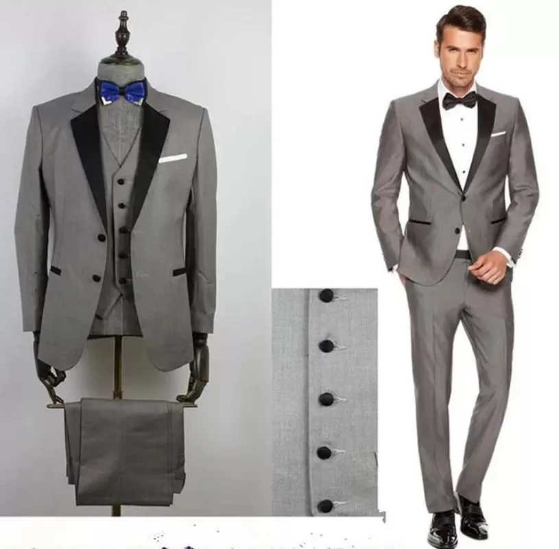 Grey Mens Suits Black Lapel Slim Fit Wedding Suits for Groom Groomsmen Prom 3 Piece Casual Suits (Jacket+Pants+Vest )