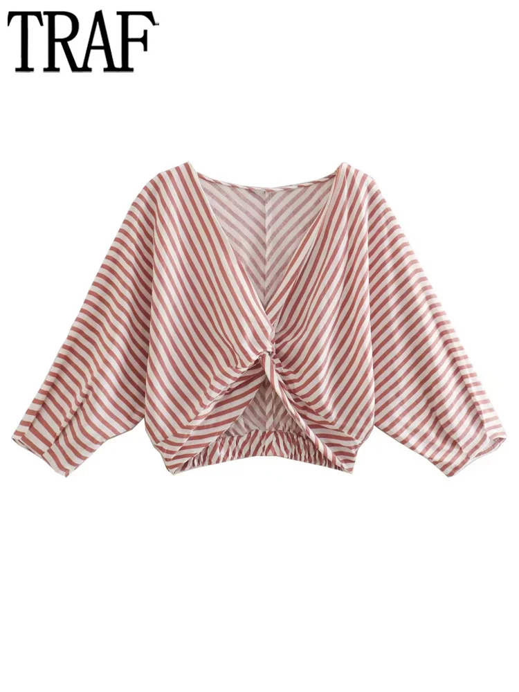 

TRAF Pink Striped Crop Top Female Knot Summer Blouses Women Tunic Wide Sleeve Chic Woman Blouse Fashion Women Tops and Blouses