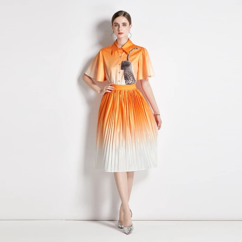 

Summer Vintage Gradient color Two-piece Set Female Elegant Short-Sleeved Shirt Top And High Waist Pleated Skirt