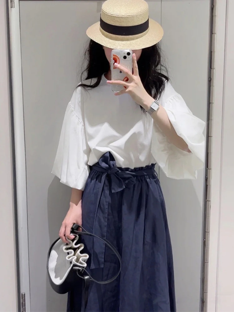 

Women Pants Co*s 2022 Summer New Navy Blue Casual Loose Ladies Wide-leg Linen Elastic Waist Lace-up Culottes Cropped Pants