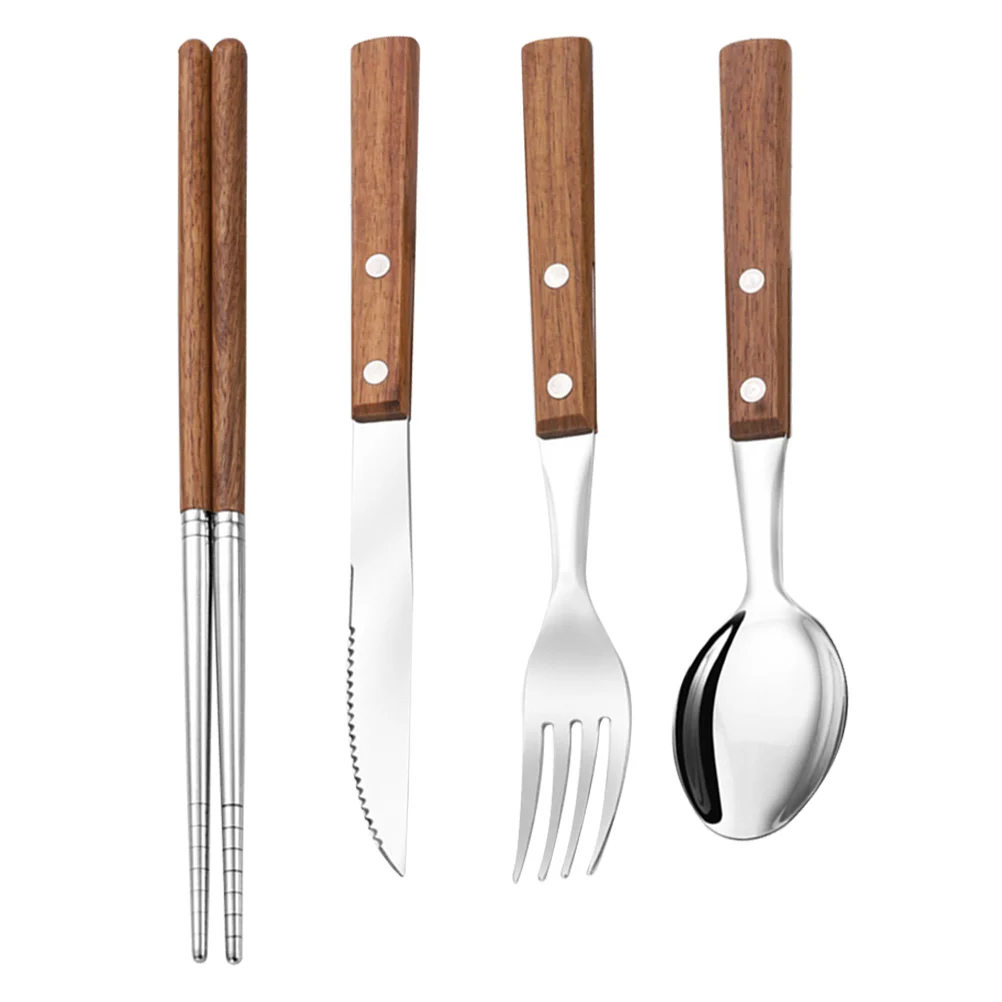 

1 Set of Camping Utensil Set Stainless Steel Cutlery Set Steak Service Espresso Spoons Wood Silverware Set