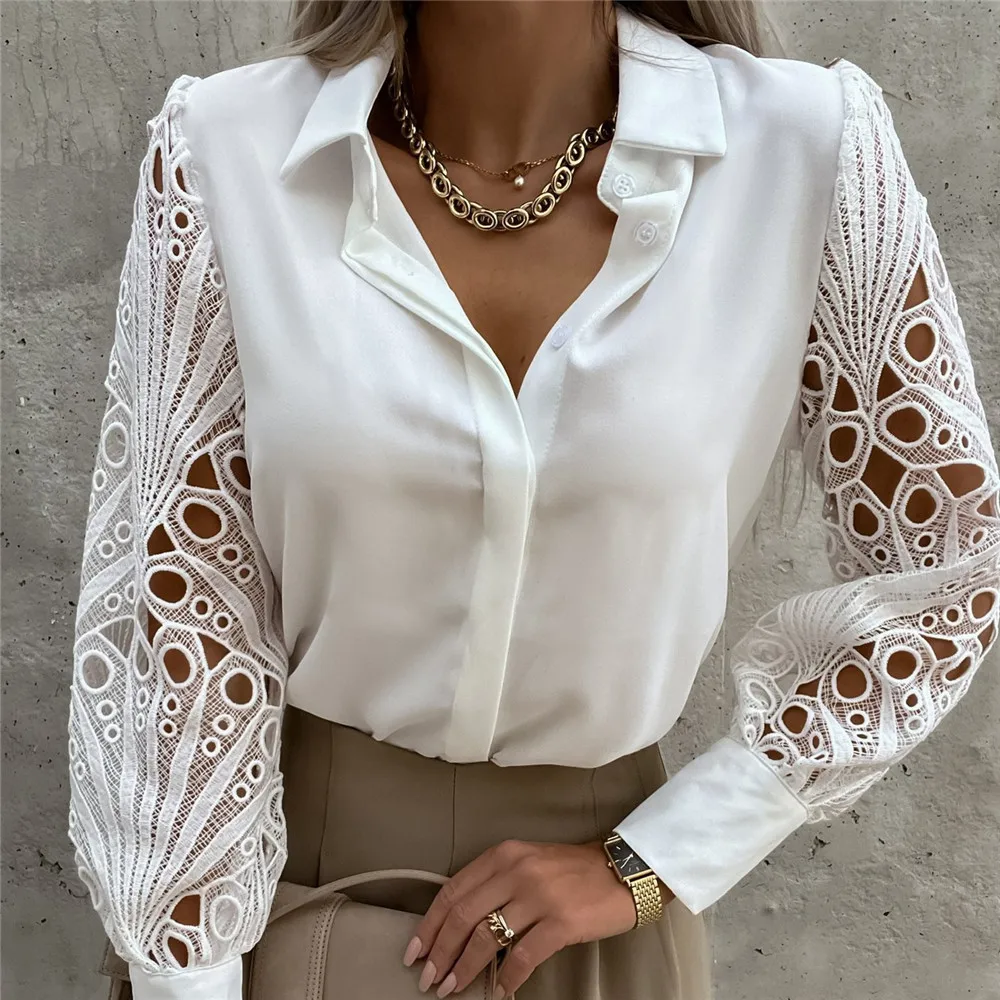 

2022 Women Fashion Lace Blouse Long Sleeve White Shirt Elegant Tops Solid Black Lapel Slim Casual Lady Blouses Spring Summer