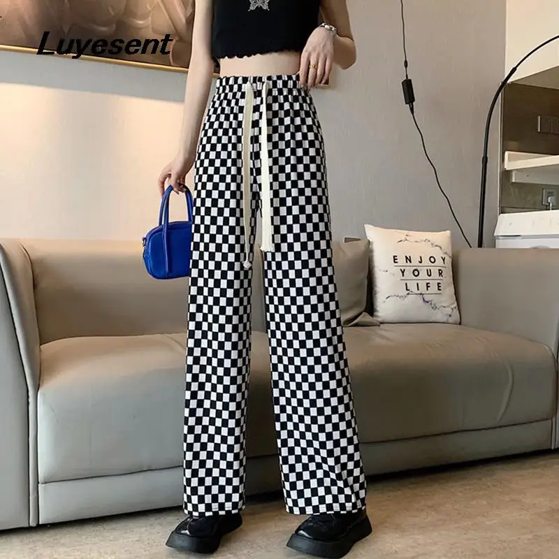 

Japanese Lady Black White Plaid Empire Pants 2022 Spring Girl Drawstring Check Long Harajuku Trouser Korean Casual Wide Leg Pant