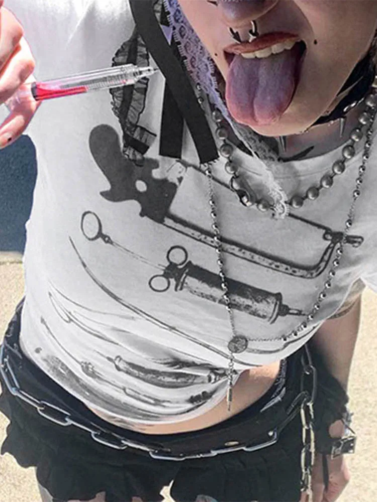 Dark Printed Cropped T Shiirt Gothic Casual Slim O-Neck Short Sleeve Tees Women 2024 Summer Fashion Streetwear Ladies