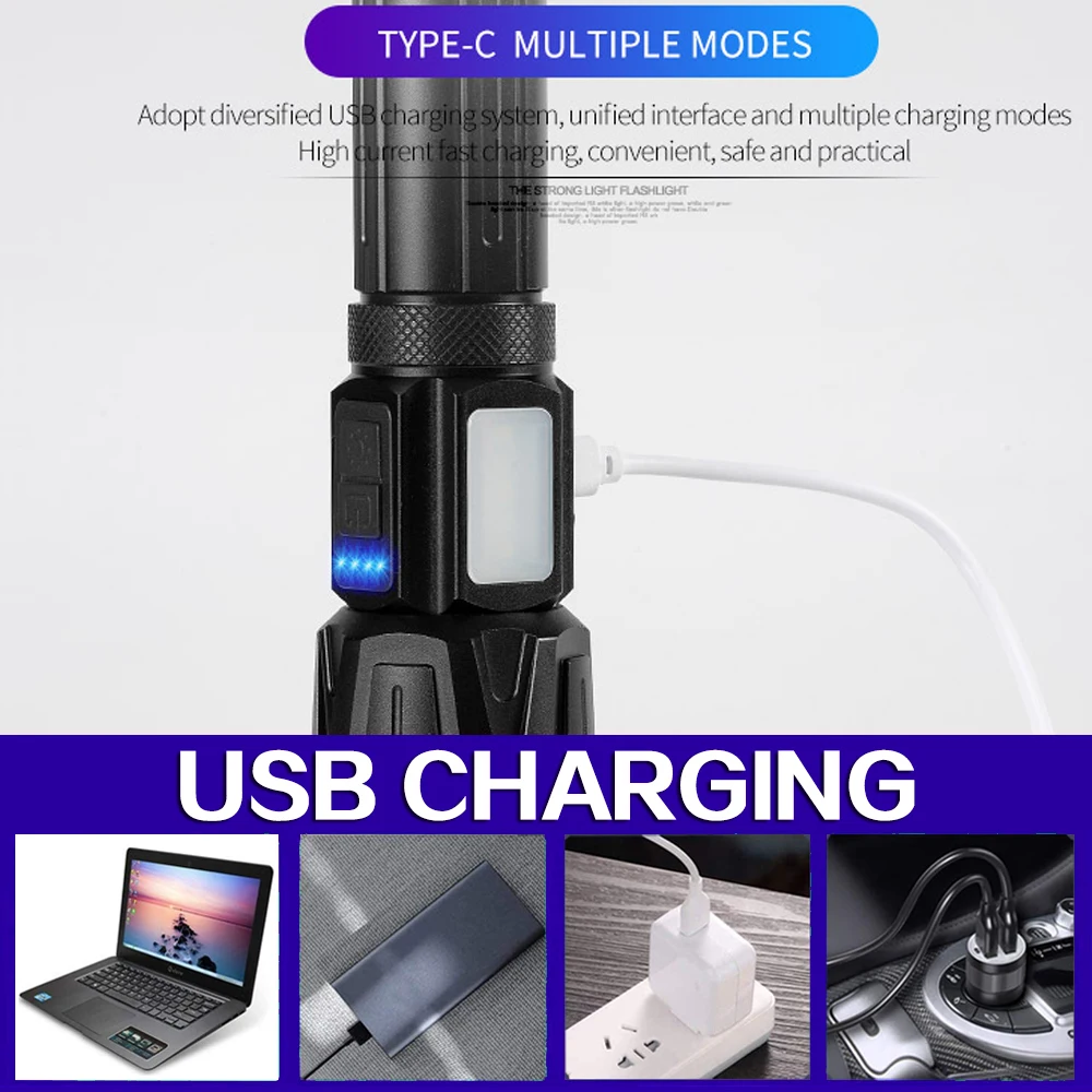 Фонарик P160 + COB Аккумуляторный с зарядкой от USB водонепроницаемый уличный фонарь
