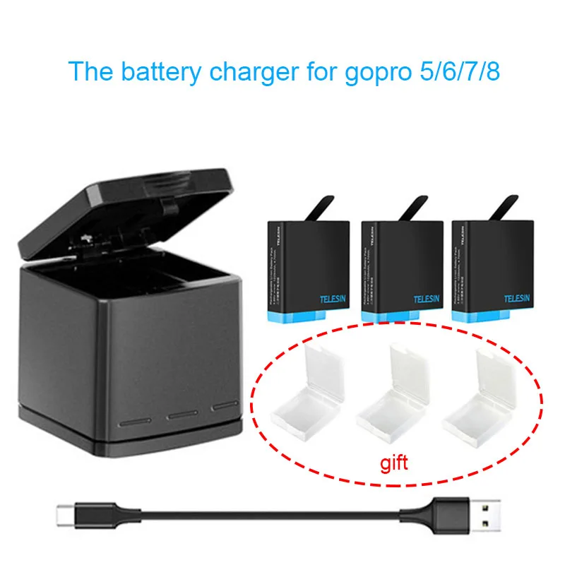 

TELESIN 1220mAh Battery Go Pro 3 Slots LED Light Battery Charger Storage Box Type C Cable for GoPro Hero 5 6 7 8 Black Camera
