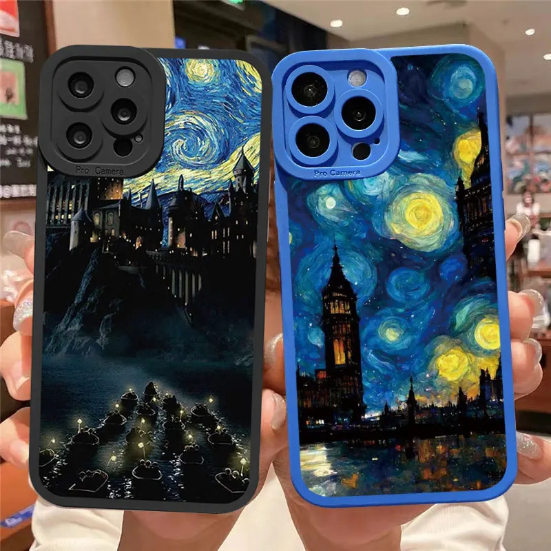 

Retro Oil Painting Starry Sky Cat Phone Case For iPhone 11 13 12 14 Pro Max XR XS X 7 8 Plus SE 2020 Vintage Soft Silicone Cover