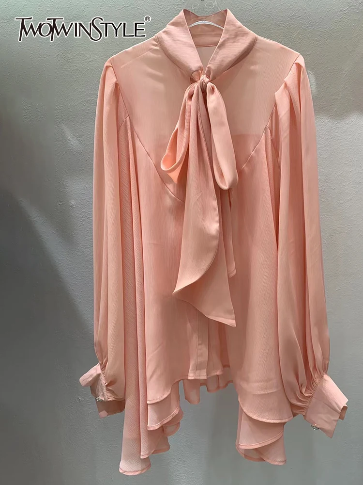 

TWOTWINSTYLE Loose Casual Shirt For Women Bow Collar Long Batwing Sleeve Solid Blouses Female Spring Clothing Style 2022 Fashion