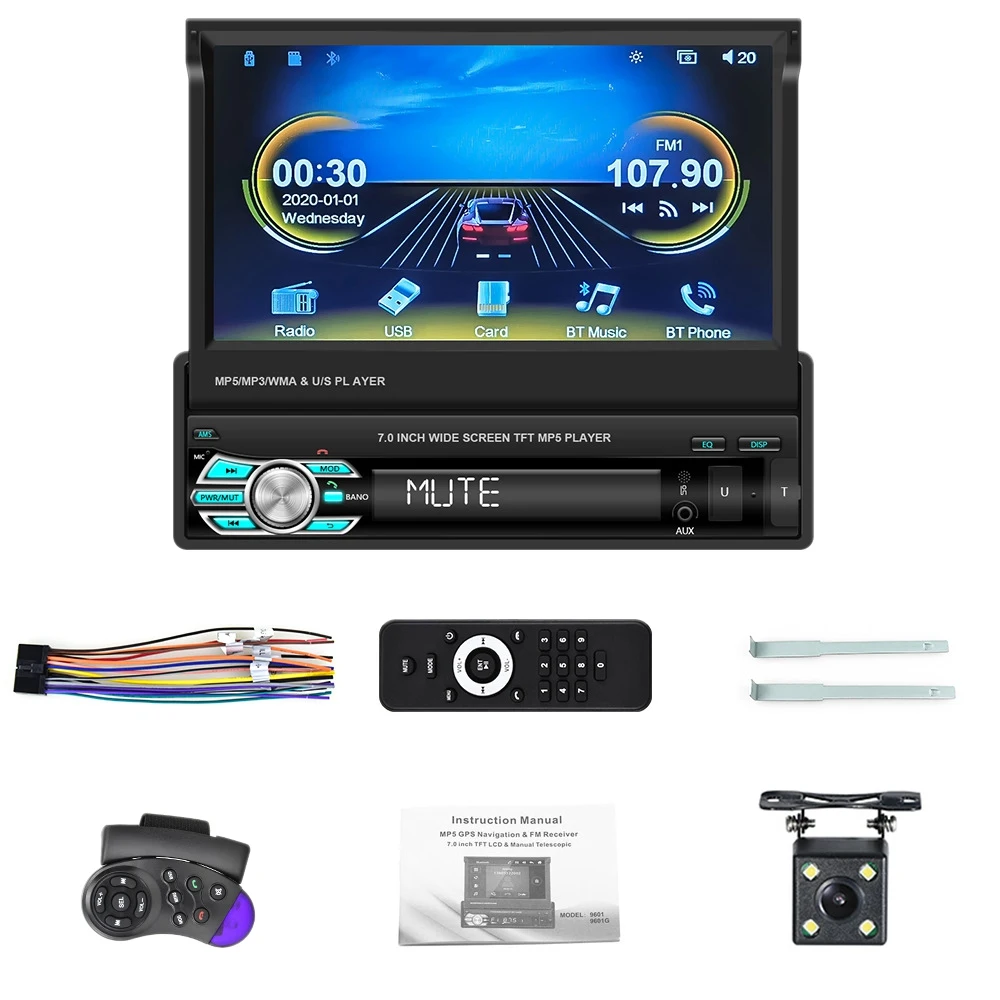 

1 Din Carplay Android Auto 7 Inch Universal Car Radio Retractable Screen for- Toyota MP5 Player with Camera
