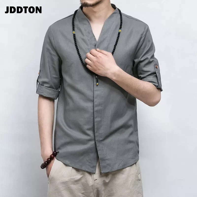 

NEW IN JDDTON New Summer Men Linen Kimono Three Quarter Sleeve Cardigan Outerwear Coats Streetwear V-neck Shirt Short Male Casua