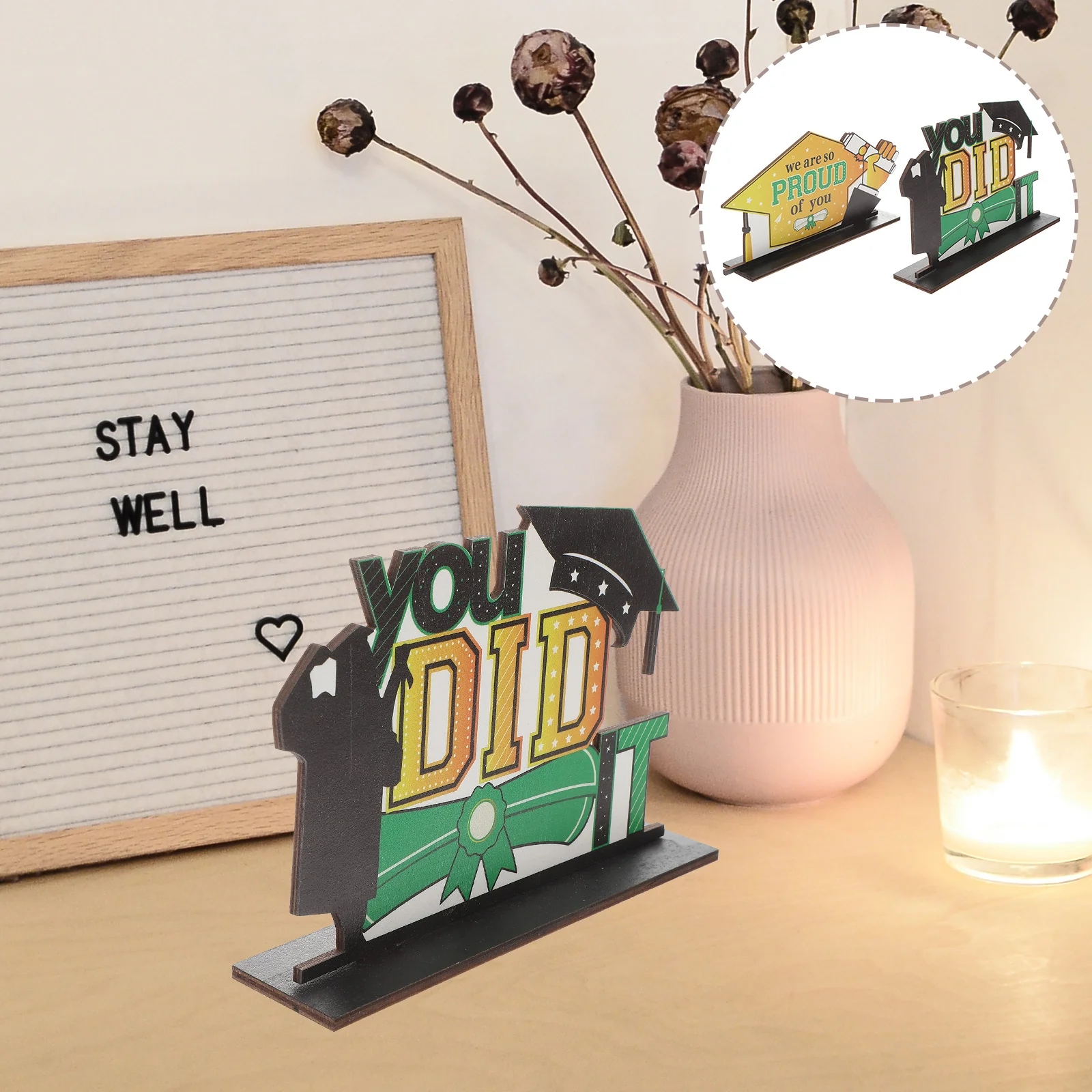 

2 Pcs Graduation Wooden Crafts Table Decors Celebration Wooden Ornaments