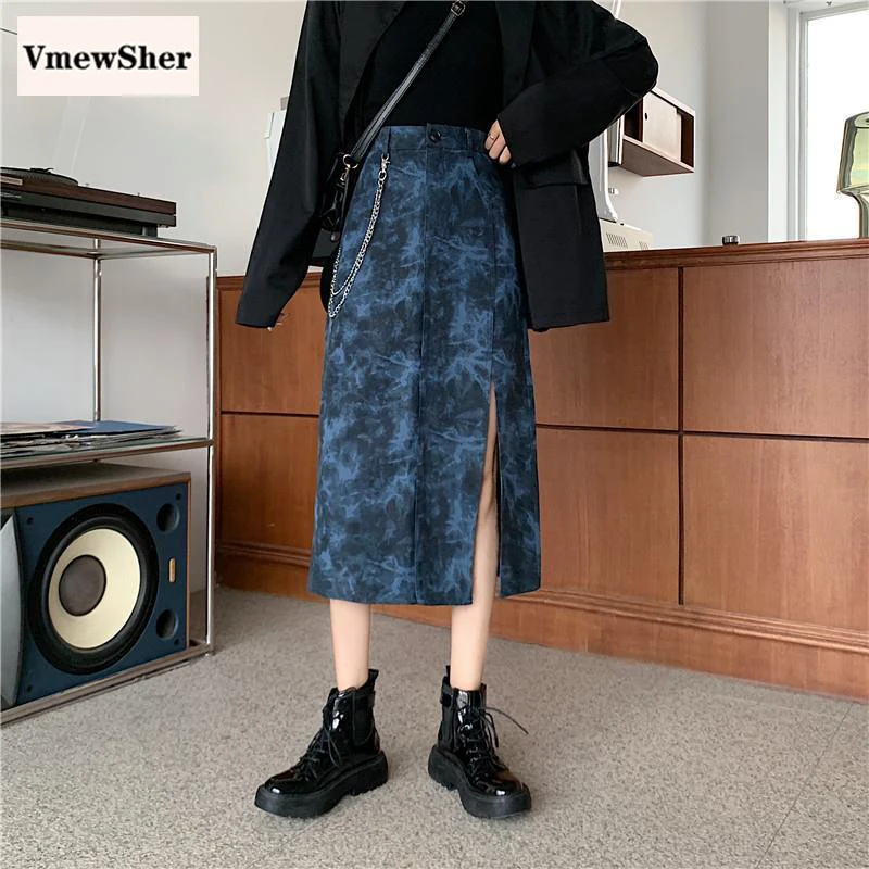 

Женская летняя юбка VmewSher, тонкая юбка-трапеция до середины икры С Боковым Разрезом, длинная джинсовая юбка с высокой талией, шикарная уличная одежда
