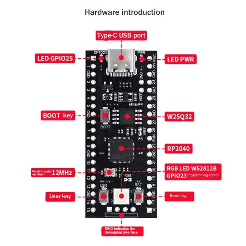 (A01R) Плата для разработки Raspberry Pi YD-RP2040, 16 МБ флэш-памяти, двухъядерный микроконтроллер ARM 264 КБ, материнская плата (art.: 3920dbccf832d) - 3920dbccf832d
