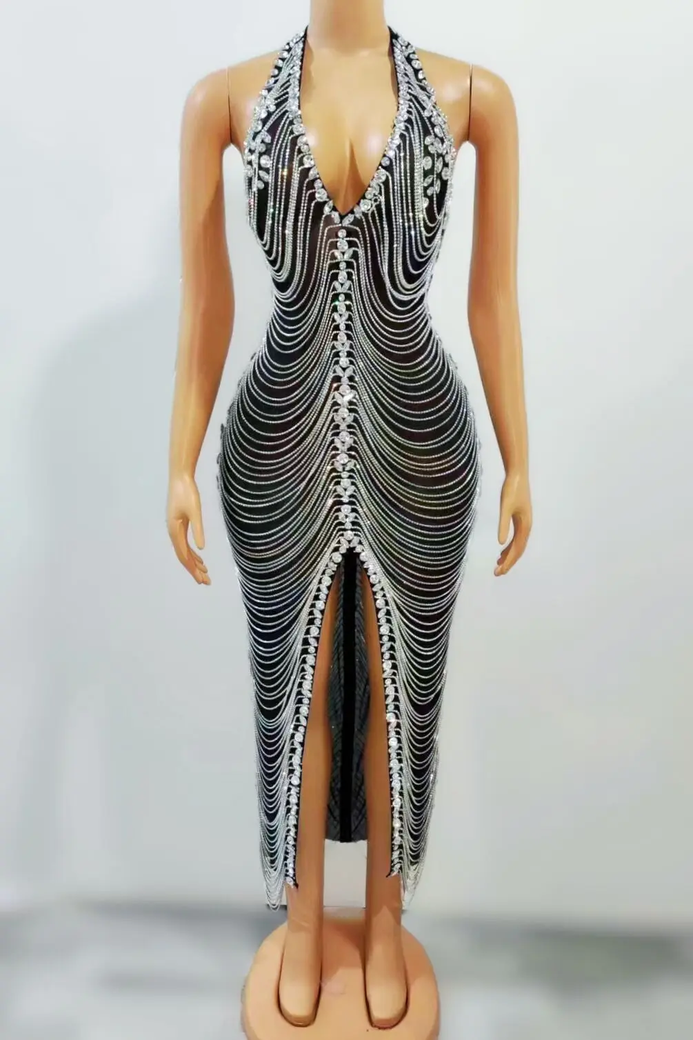 

Sparkly Full Chains Silver Rhinestones Transparent Black Dress Evening Birthday Celebrate Costume Sexy Sleeveless Dress heiwan