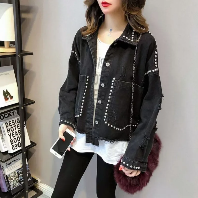 

Spring Autumn Black Women Denim Coat Solid Loose Studded Bat Sleeve Female Jean Jacket Chic Cowboy Outerwear Tops Chaqueta Mujer