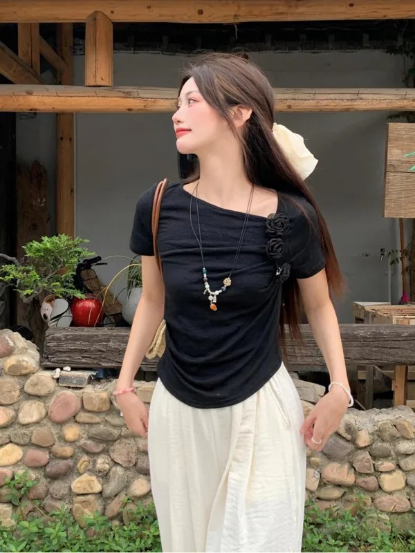 Французская модная футболка с коротким рукавом и трехмерными цветами для женщин