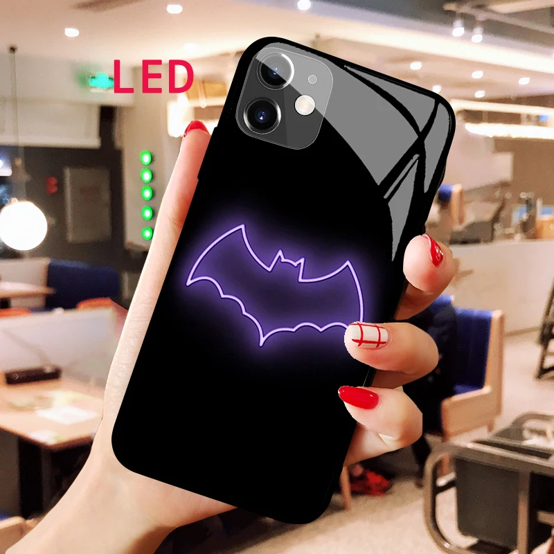 

Batman Luminous Tempered Glass phone case For Apple iphone 12 11 Pro Max XS mini Acoustic Control Protect LED Backlight cover