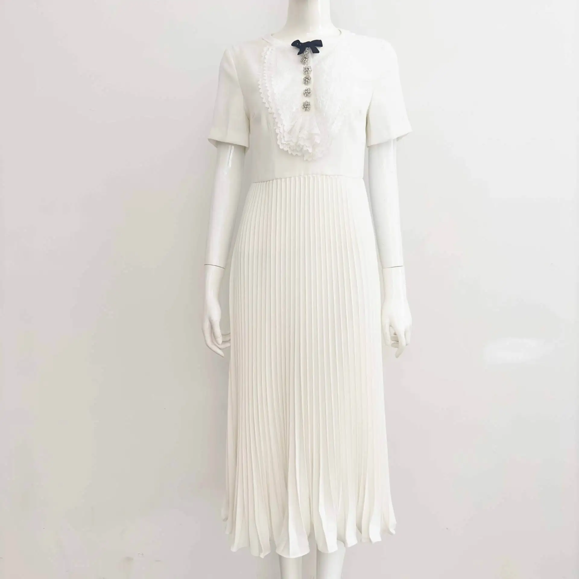 

Women Midi Dress Pleated Bow Lace Splicing Sweet Robe