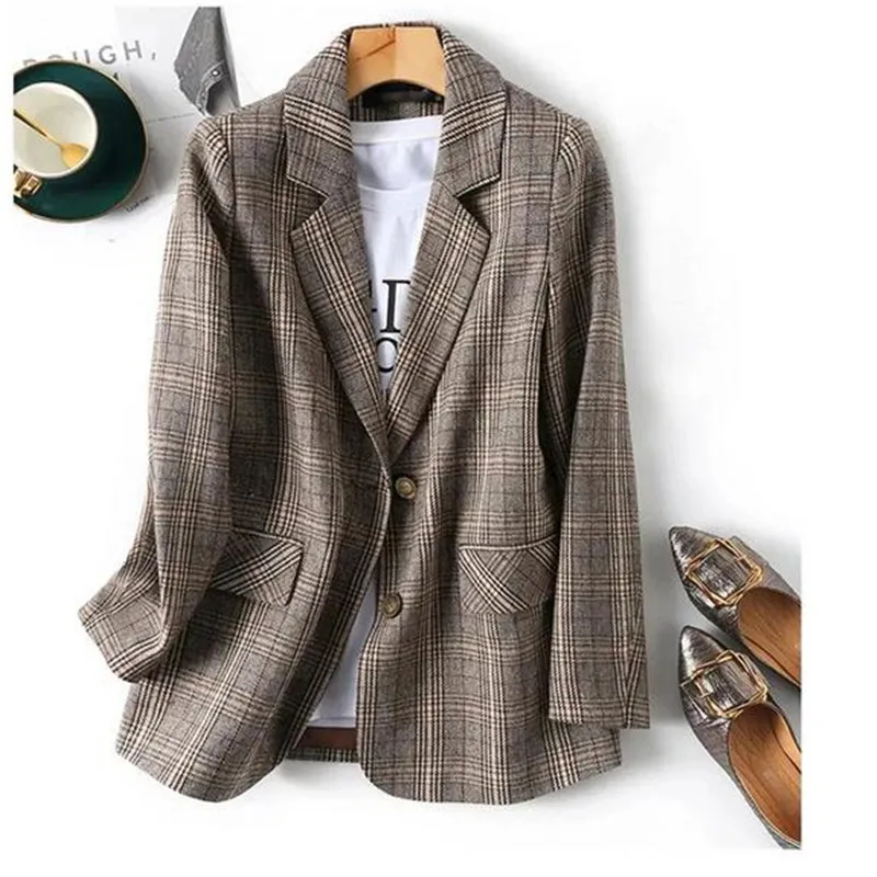 

New 2023Autumn Vintage Single Breasted Office Plaid Blazer Ladies Long Sleeve Korean Loose Suit Jacket Women Blazers Female