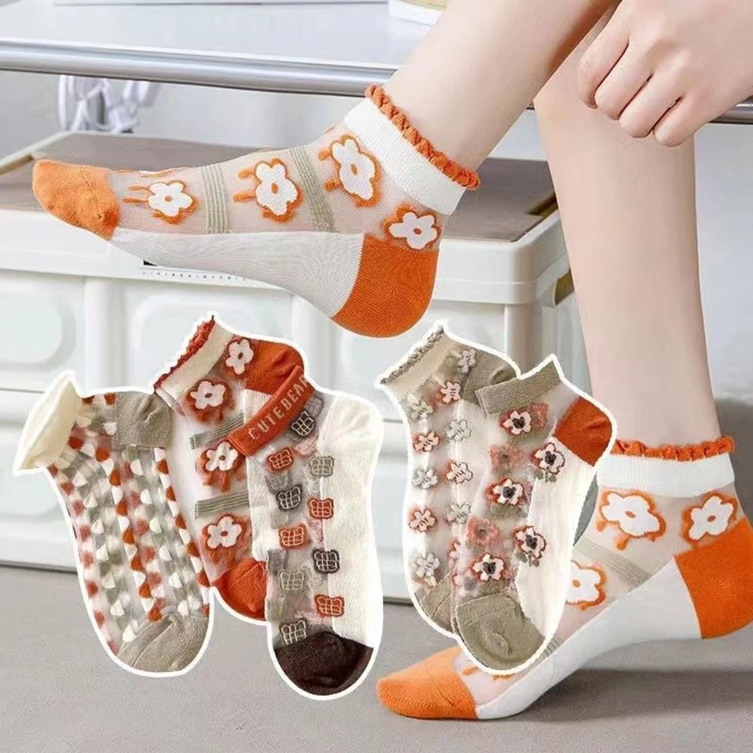 

5 Pairs Casual Flower Boat Socks Girls Sweet Transparent Floral Crystal Silk Socks Fashion Ruffle Breathable Socks For Women
