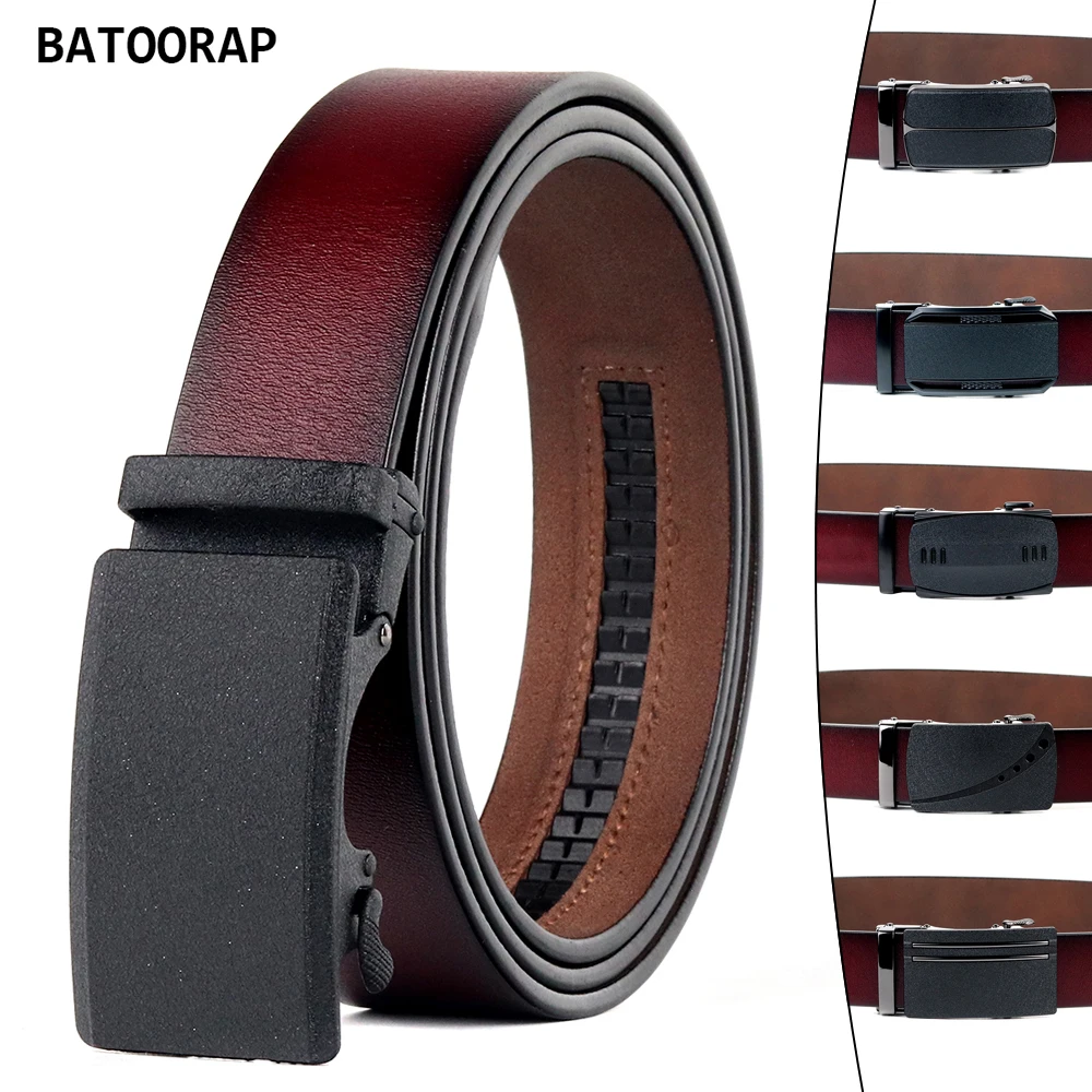BATOORAP Men's Belt Vintage Burgundy Genuine Leather Matte Black Metal Automatic Buckle Ratchet Male Casual Trouser Strap