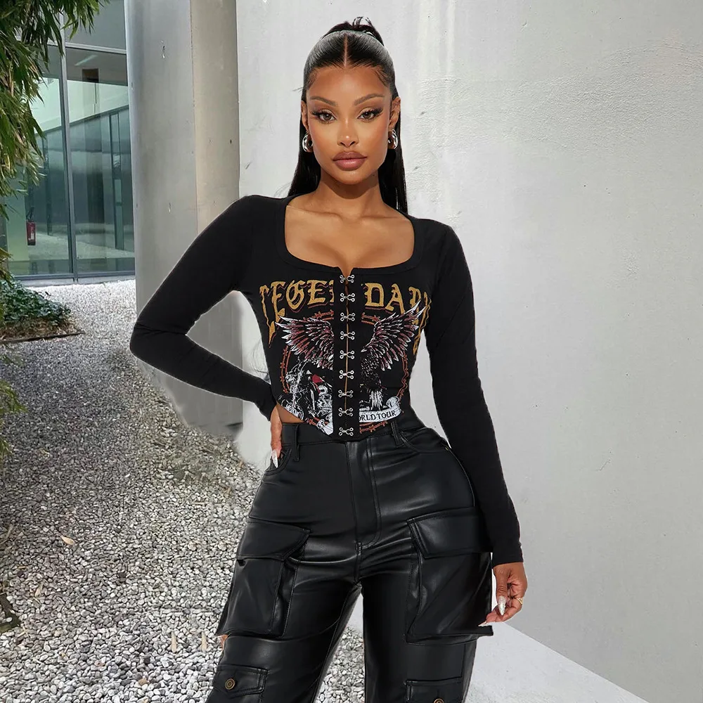 Осень 2024 уличный стиль тонкий женский короткий топ с длинным рукавом и принтом