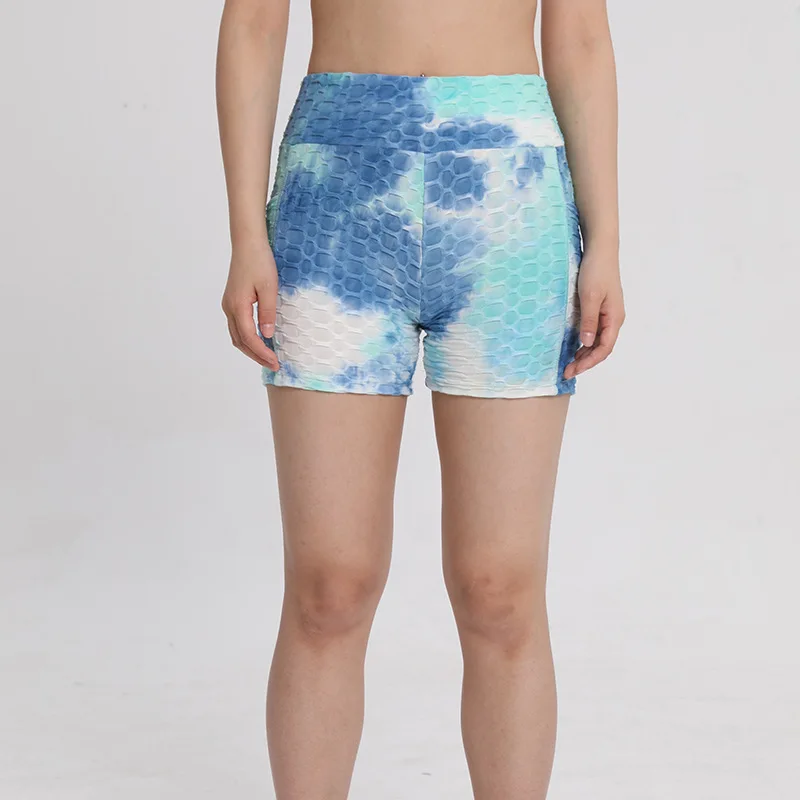 Women Pocket Tie Dyed Bubble Yoga Shorts High Waist Gym Shorts Workout Short Fitness Running Short Athletic Legging