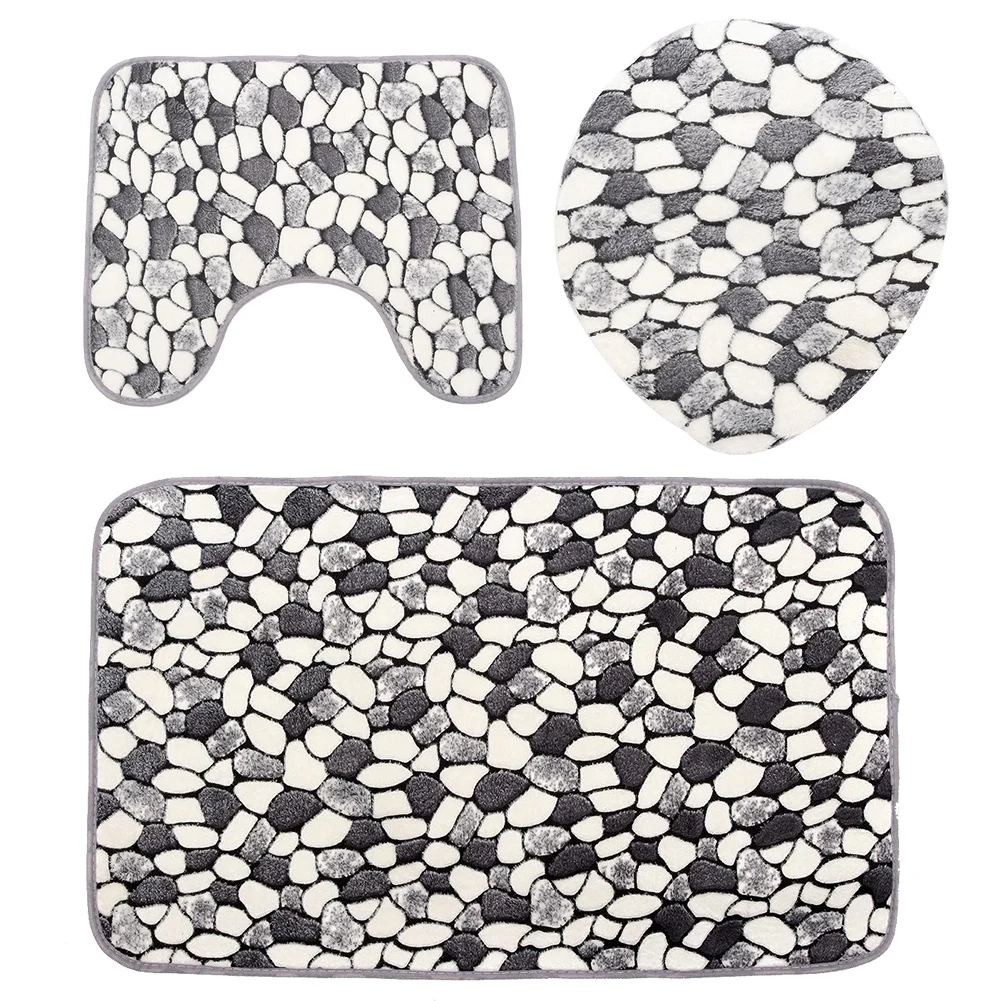 

3Pcs Stone Pattern Washable Anti-Slip Bathroom Pedestal Rug Carpet Toilet Lid Cover Bath Mat Set