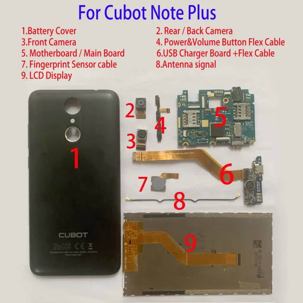 

Original For Cubot Note Plus LCD Display Bacctery cover Rear Front Camera Motherboard USB Charger board Flex Cable Fingerprint