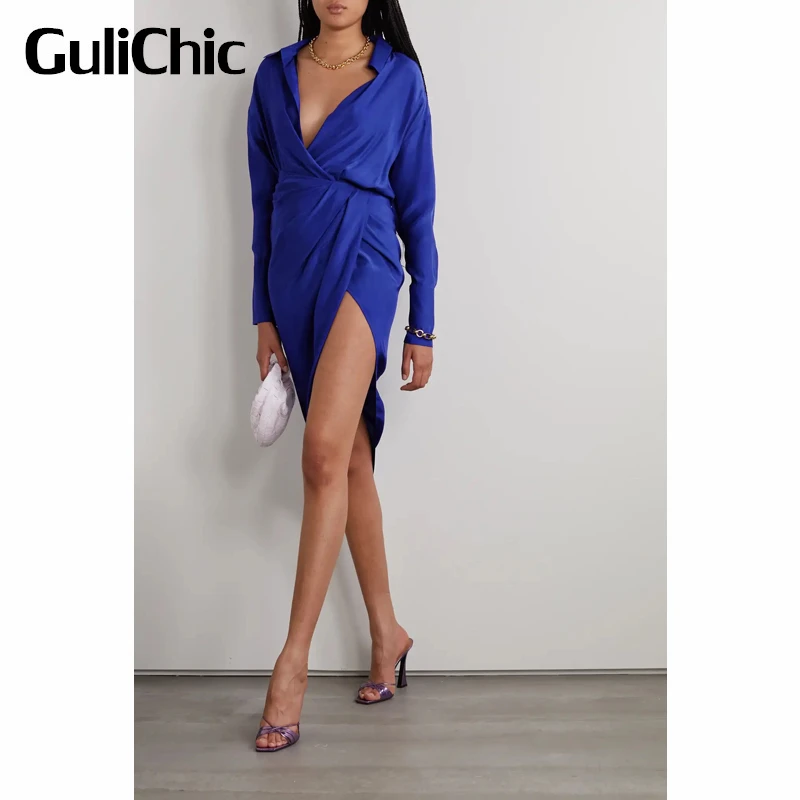 

8.9 GuliChic Women Fashion Irregular Draped Collect Waist Sexy Deep V Neck Long Sleeve Split Dress