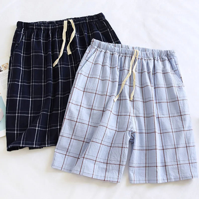 Fdfklak Japanese Summer Washed Cotton Pajama Pants Plaid Men's Five-Point Pant Loungewear Male Sleep Bottoms Pantalones
