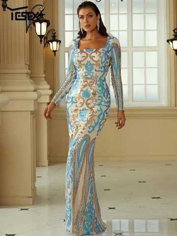 Yesexy женское платье с квадратным вырезом вечернее платье с блестками подол русалки официальное платье стильное и элегантное платье макси платье